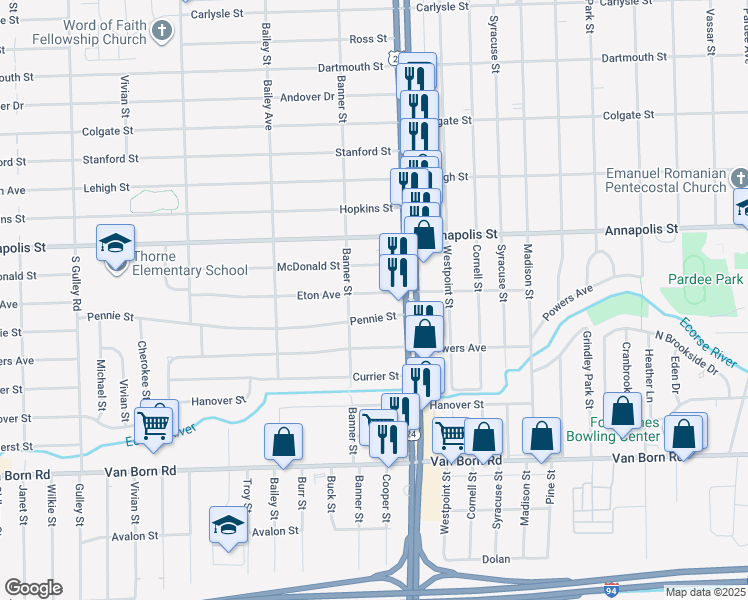 map of restaurants, bars, coffee shops, grocery stores, and more near 24136 Eton Avenue in Dearborn Heights