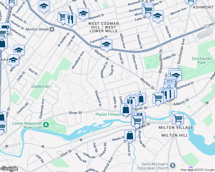 map of restaurants, bars, coffee shops, grocery stores, and more near 72 Clearwater Dr in Boston