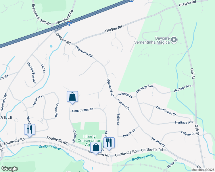map of restaurants, bars, coffee shops, grocery stores, and more near 41 Edgewood Road in Southborough