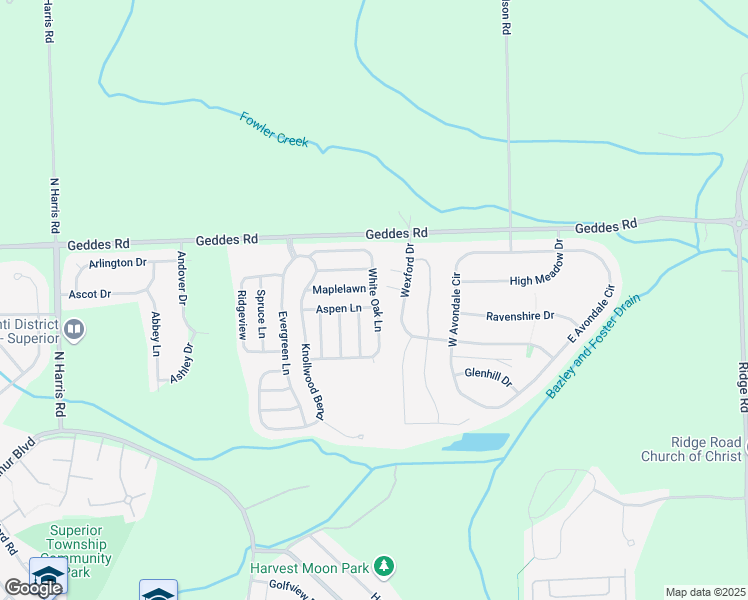 map of restaurants, bars, coffee shops, grocery stores, and more near White Oak Lane in Washtenaw County