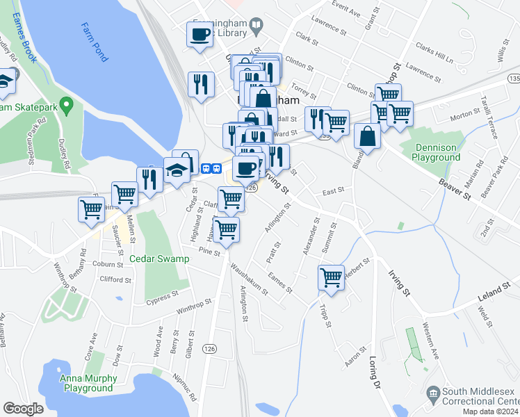 map of restaurants, bars, coffee shops, grocery stores, and more near 29 Gordon Street in Framingham