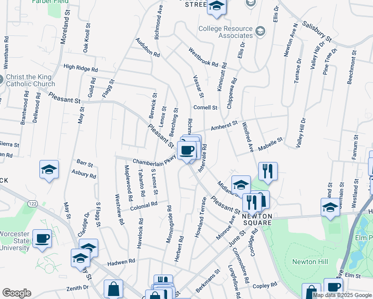 map of restaurants, bars, coffee shops, grocery stores, and more near 5 Richmond Avenue in Worcester