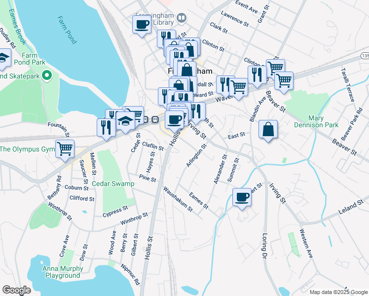 map of restaurants, bars, coffee shops, grocery stores, and more near 29 Gordon Street in Framingham