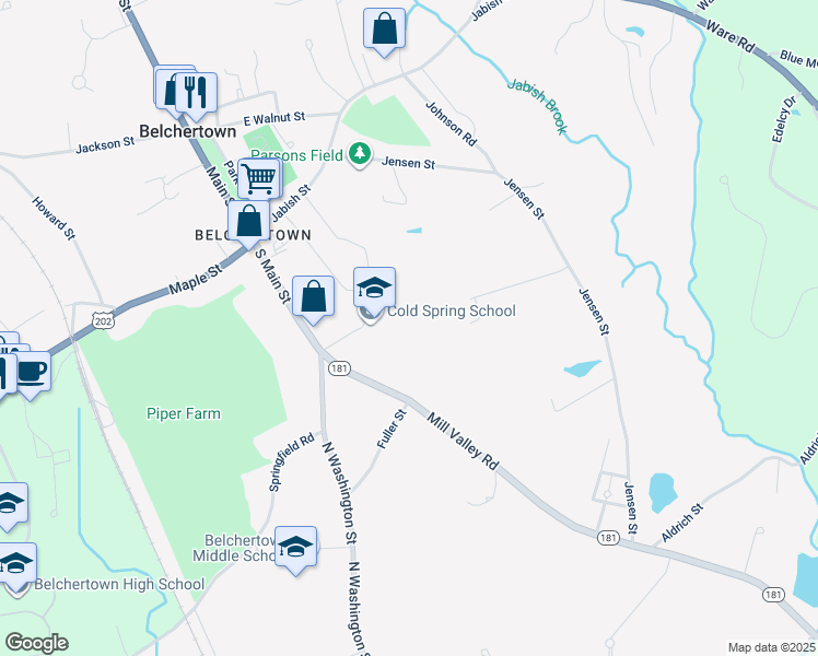 map of restaurants, bars, coffee shops, grocery stores, and more near 57 South Main Street in Belchertown