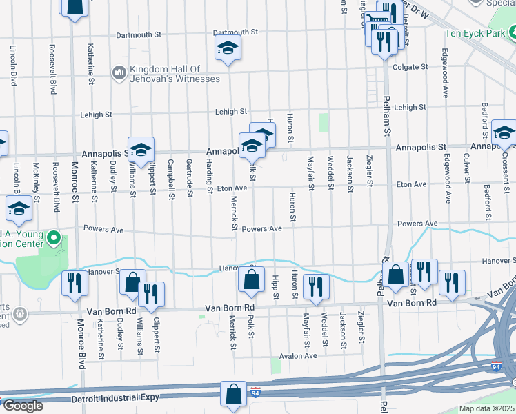 map of restaurants, bars, coffee shops, grocery stores, and more near 4941 Polk Street in Dearborn Heights