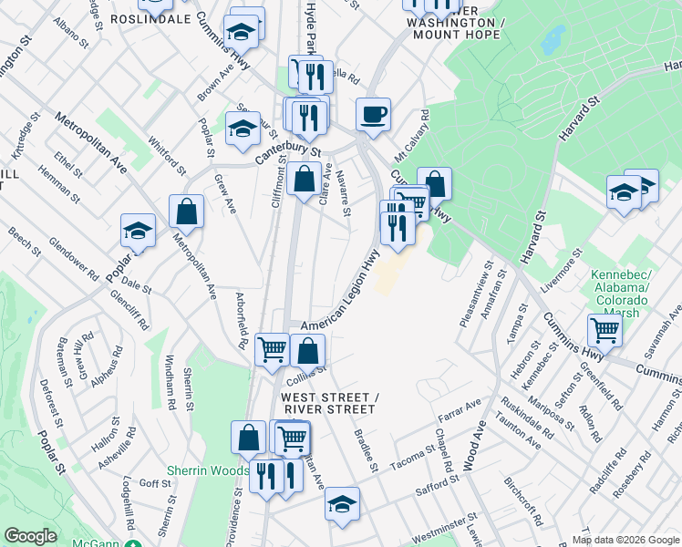 map of restaurants, bars, coffee shops, grocery stores, and more near 128 Navarre Street in Boston