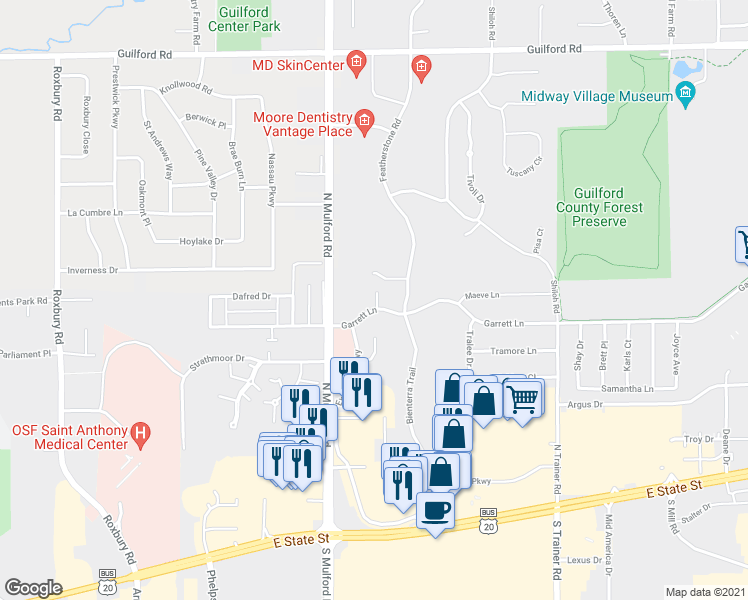 map of restaurants, bars, coffee shops, grocery stores, and more near 6104 Garrett Lane in Rockford