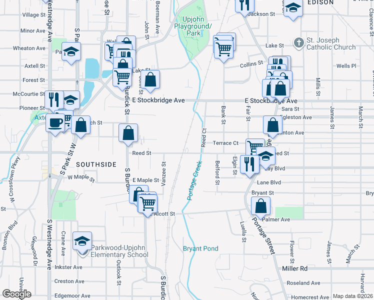 map of restaurants, bars, coffee shops, grocery stores, and more near 405 Reed Street in Kalamazoo