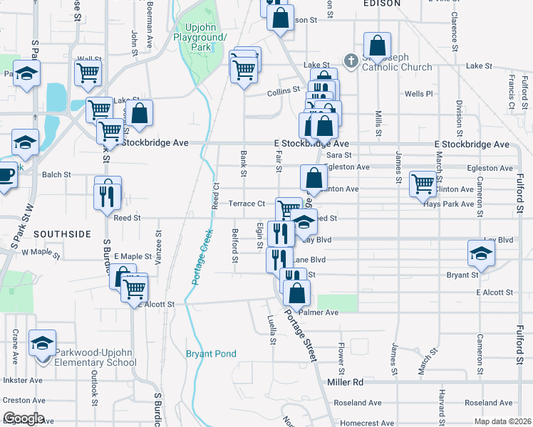 map of restaurants, bars, coffee shops, grocery stores, and more near 601 Reed Avenue in Kalamazoo