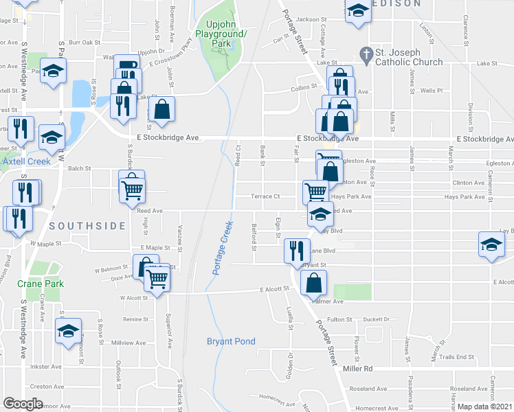 map of restaurants, bars, coffee shops, grocery stores, and more near 475 Reed Avenue in Kalamazoo
