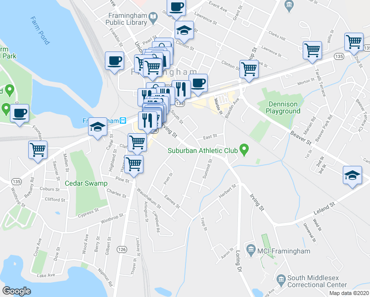 map of restaurants, bars, coffee shops, grocery stores, and more near 153 Irving Street in Framingham