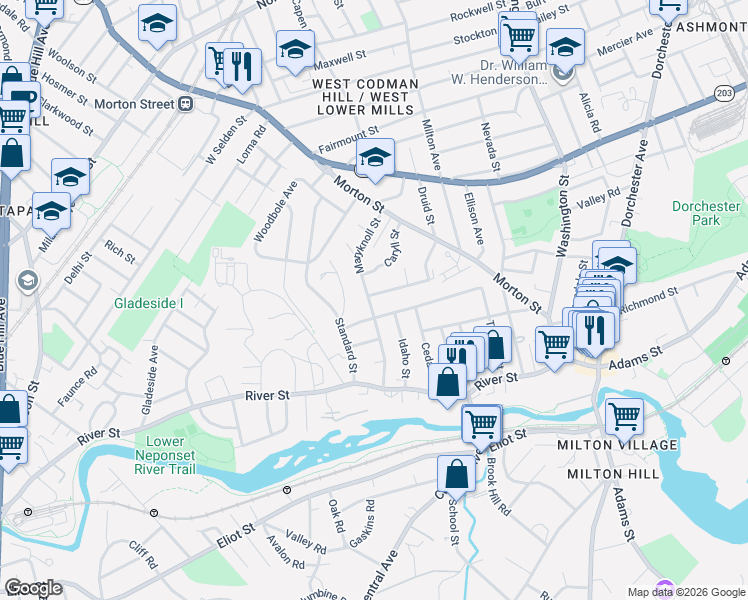 map of restaurants, bars, coffee shops, grocery stores, and more near 72 Clearwater Drive in Boston