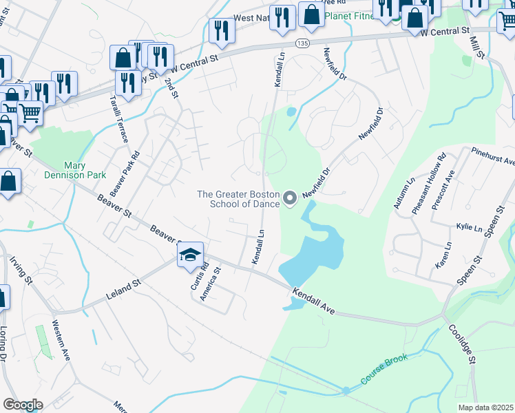 map of restaurants, bars, coffee shops, grocery stores, and more near 73 Kendall Lane in Natick