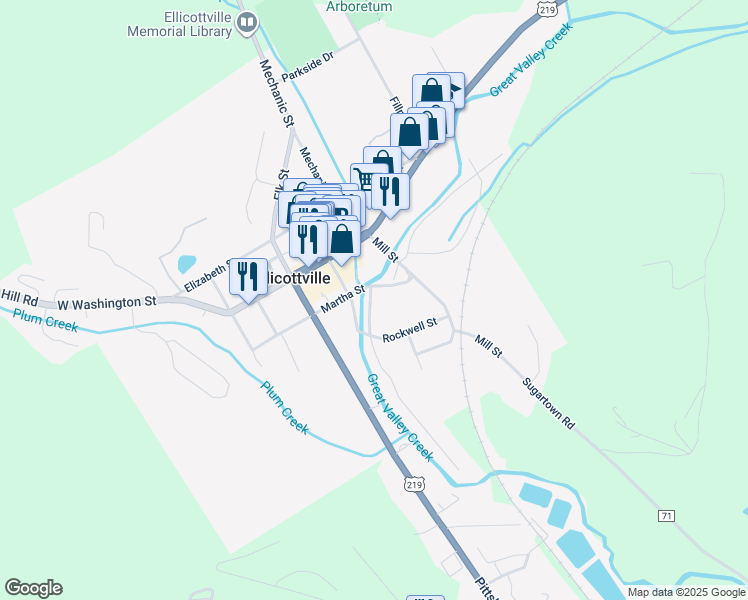 map of restaurants, bars, coffee shops, grocery stores, and more near 12 Martha Street in Ellicottville