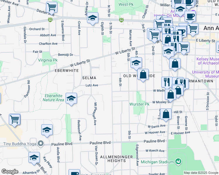 map of restaurants, bars, coffee shops, grocery stores, and more near 550 South 7th Street in Ann Arbor