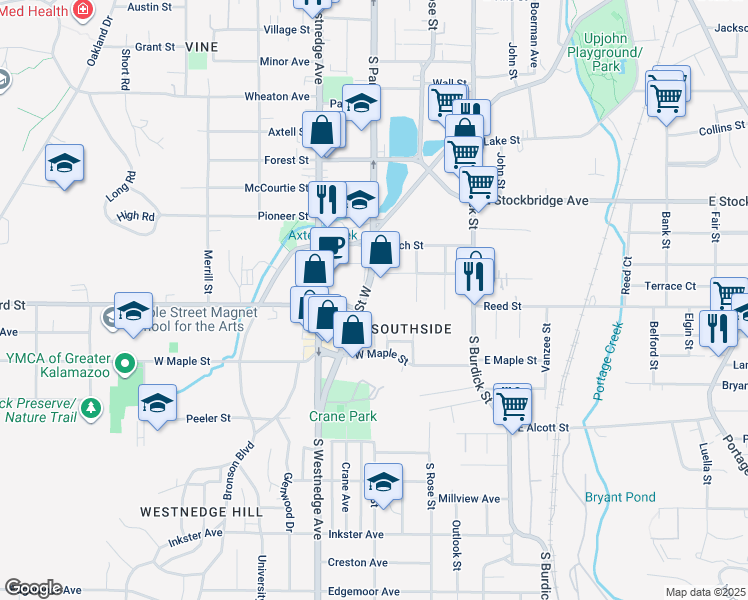 map of restaurants, bars, coffee shops, grocery stores, and more near 1727 South Park Street in Kalamazoo