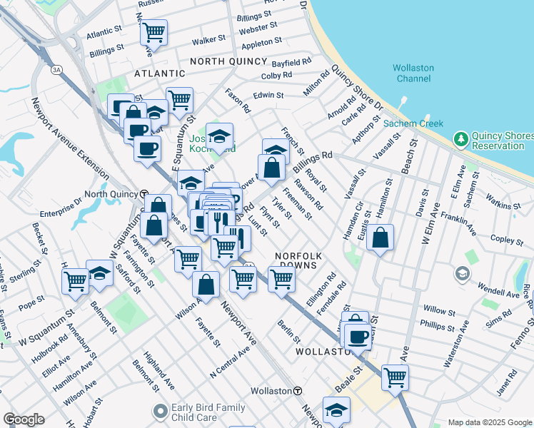 map of restaurants, bars, coffee shops, grocery stores, and more near 20 Flynt St in Quincy