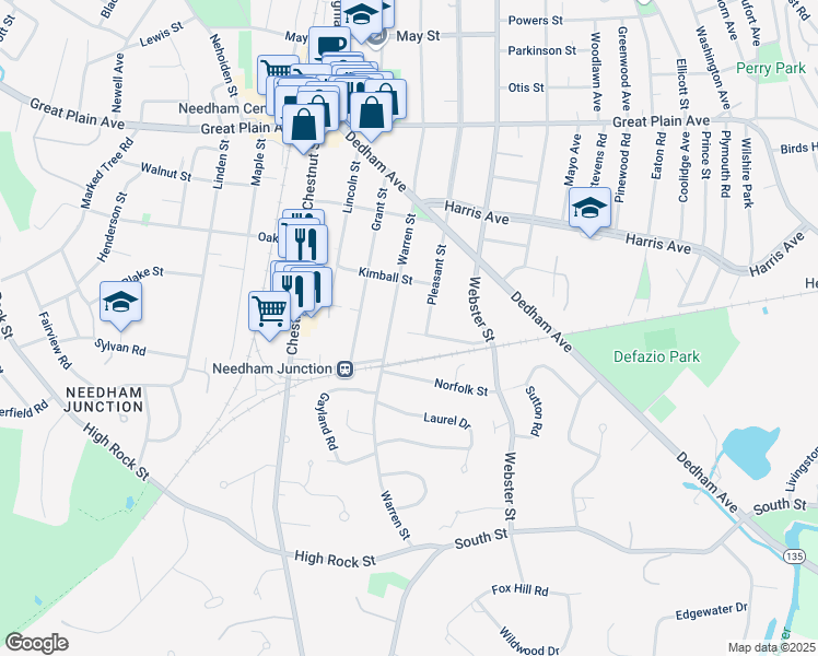 map of restaurants, bars, coffee shops, grocery stores, and more near 69 Howland Street in Needham