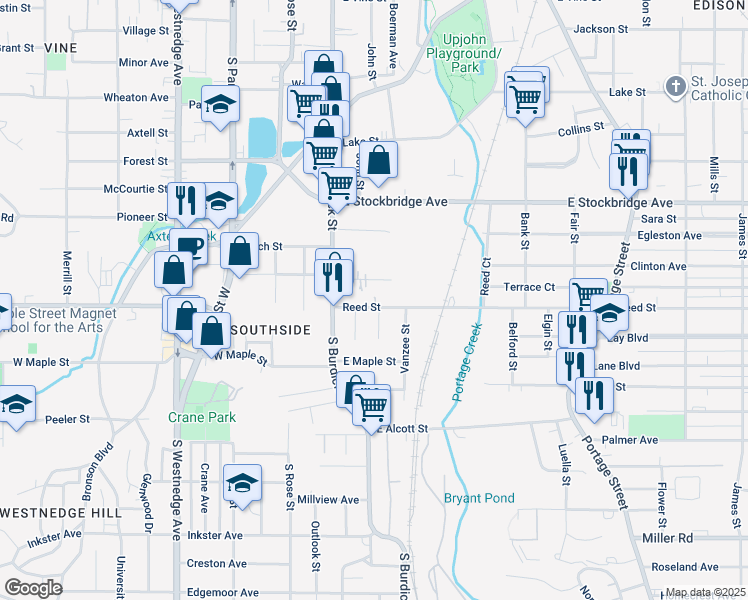 map of restaurants, bars, coffee shops, grocery stores, and more near 149 Reed Avenue in Kalamazoo