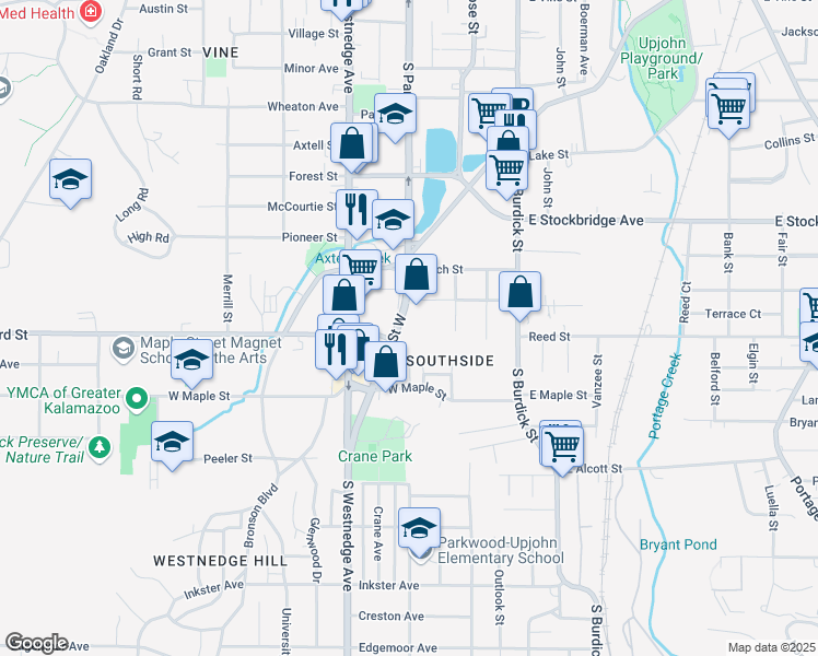 map of restaurants, bars, coffee shops, grocery stores, and more near 1727 South Park Street in Kalamazoo