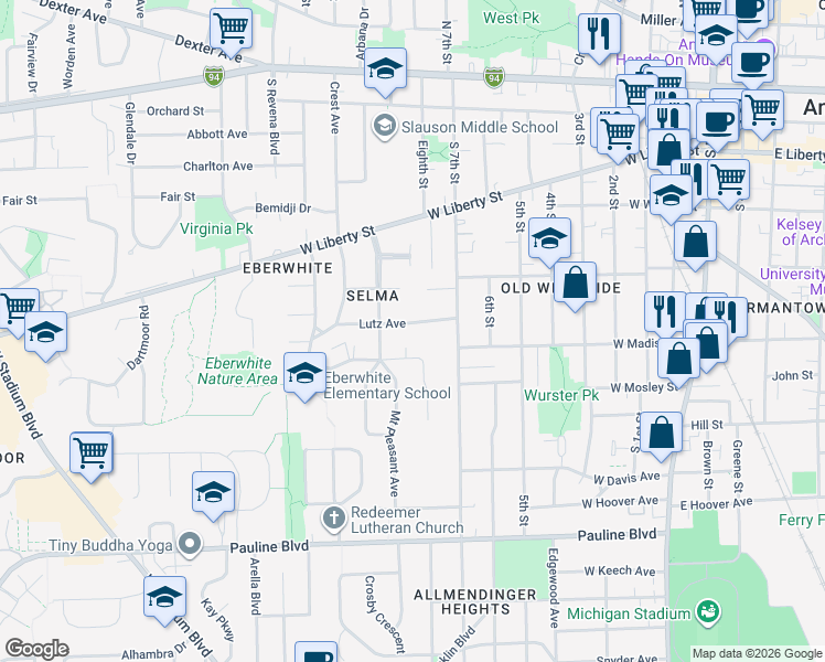 map of restaurants, bars, coffee shops, grocery stores, and more near 1107 Lutz Avenue in Ann Arbor