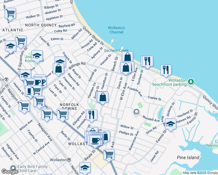 map of restaurants, bars, coffee shops, grocery stores, and more near 201 Beach Street in Quincy