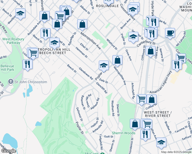 map of restaurants, bars, coffee shops, grocery stores, and more near 479 Poplar Street in Boston