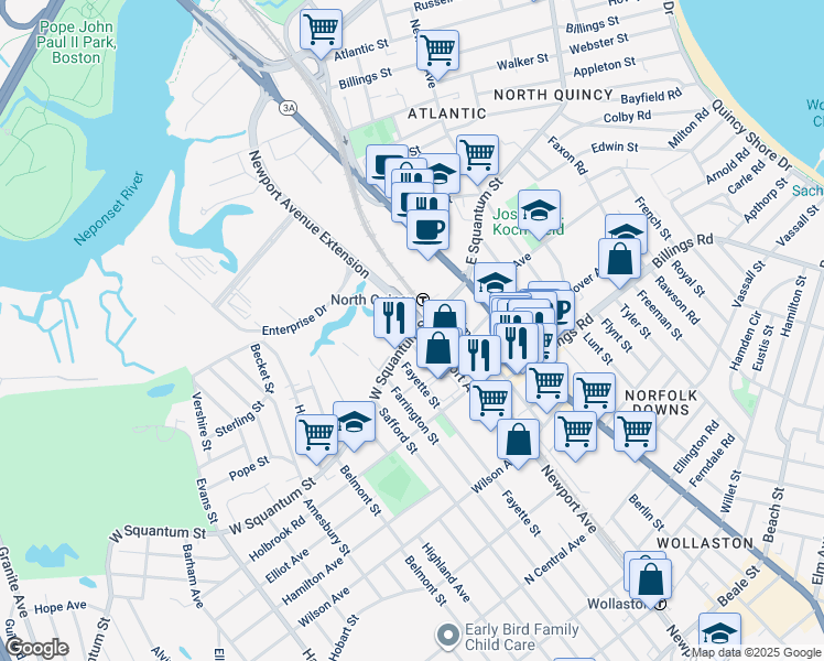 map of restaurants, bars, coffee shops, grocery stores, and more near 53 West Squantum Street in Quincy