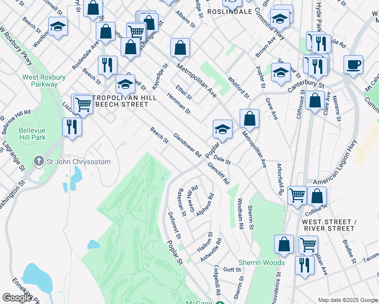 map of restaurants, bars, coffee shops, grocery stores, and more near 26 Glendower Road in Boston