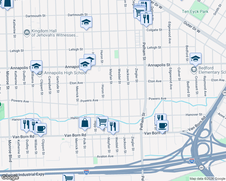 map of restaurants, bars, coffee shops, grocery stores, and more near 4957 Mayfair Street in Dearborn Heights