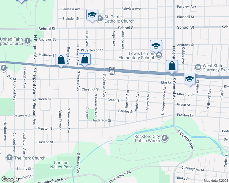 map of restaurants, bars, coffee shops, grocery stores, and more near 303 Foster Avenue in Rockford