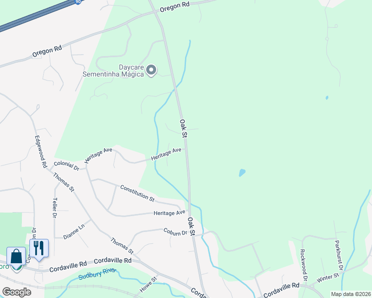 map of restaurants, bars, coffee shops, grocery stores, and more near Oak St & Heritage Ave in Ashland