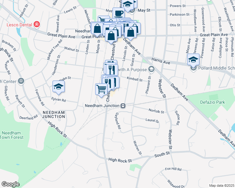 map of restaurants, bars, coffee shops, grocery stores, and more near 150 Lincoln Street in Needham