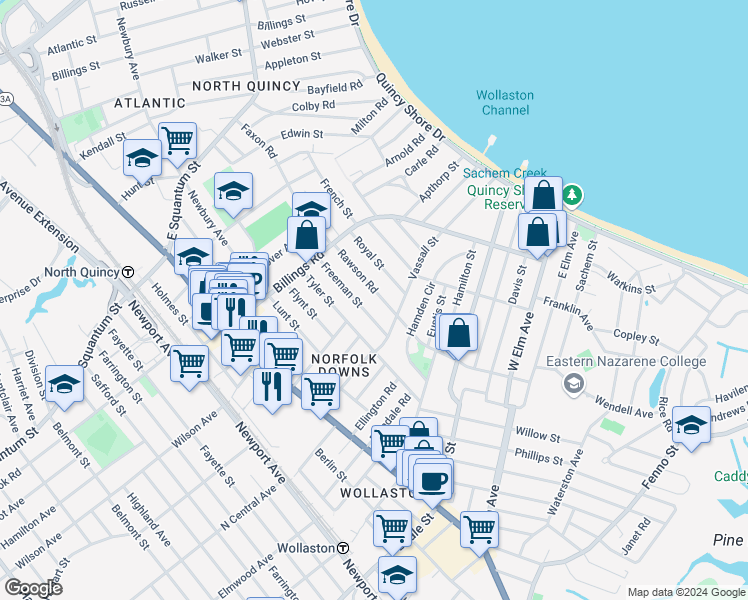 map of restaurants, bars, coffee shops, grocery stores, and more near 59 Rawson Road in Quincy