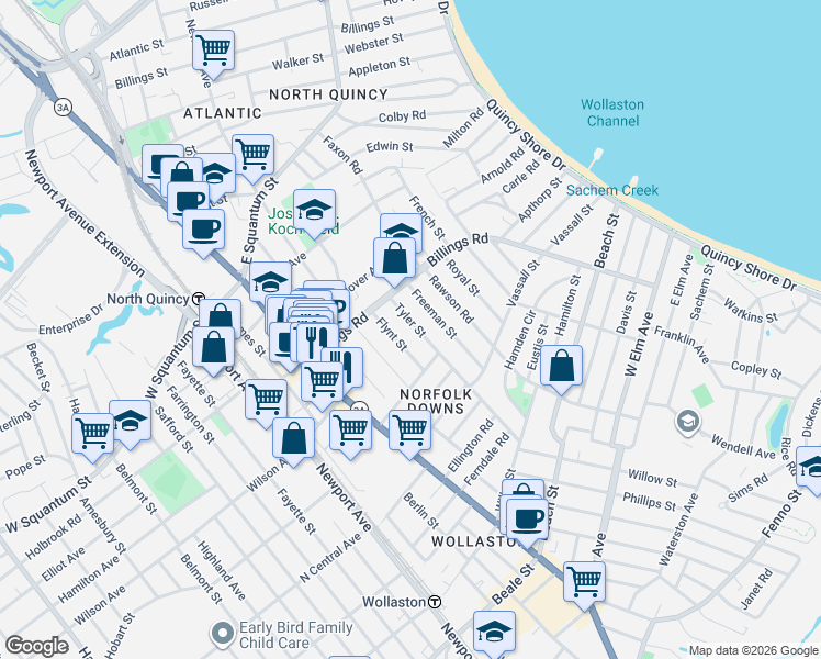 map of restaurants, bars, coffee shops, grocery stores, and more near 20 Flynt Street in Quincy