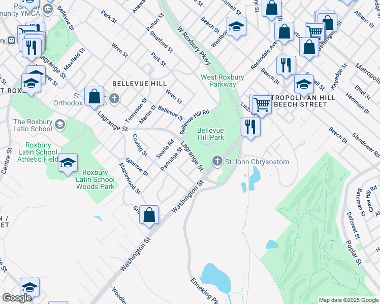 map of restaurants, bars, coffee shops, grocery stores, and more near 60 Lagrange Street in Boston