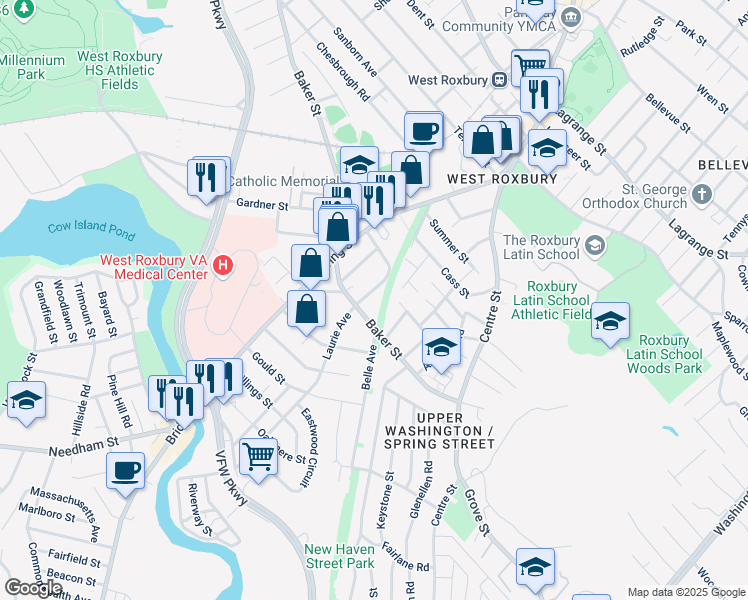 map of restaurants, bars, coffee shops, grocery stores, and more near 67 Constance Road in Boston