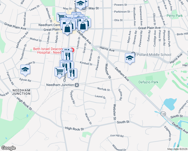 map of restaurants, bars, coffee shops, grocery stores, and more near 69 Howland Street in Needham