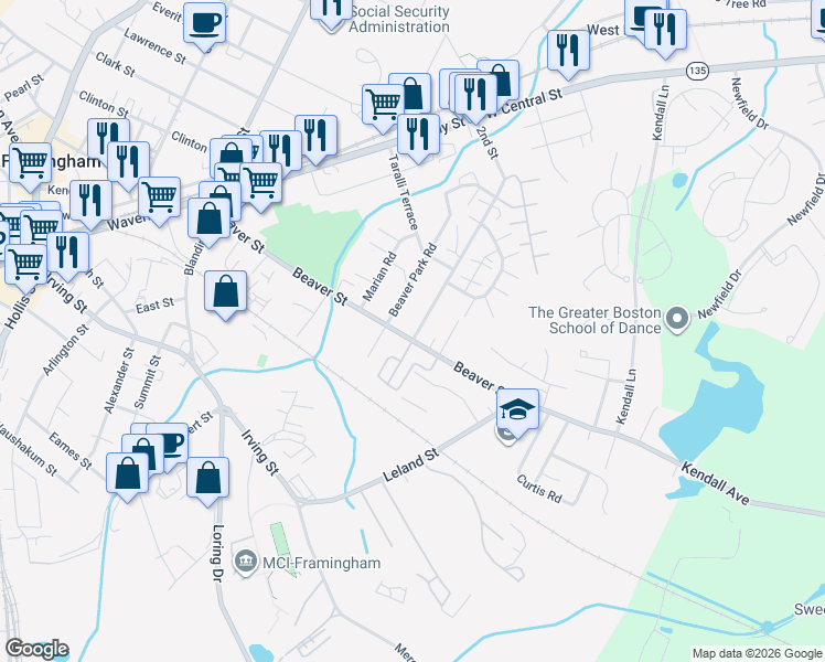map of restaurants, bars, coffee shops, grocery stores, and more near 94 2nd Street in Framingham
