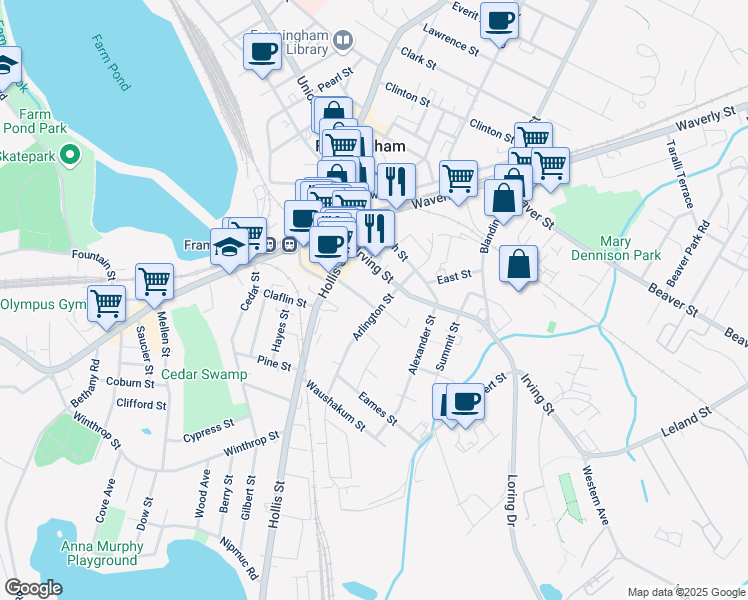 map of restaurants, bars, coffee shops, grocery stores, and more near 33 Arlington Street in Framingham