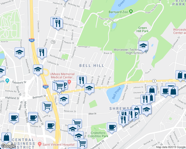 map of restaurants, bars, coffee shops, grocery stores, and more near 57 Rodney Street in Worcester