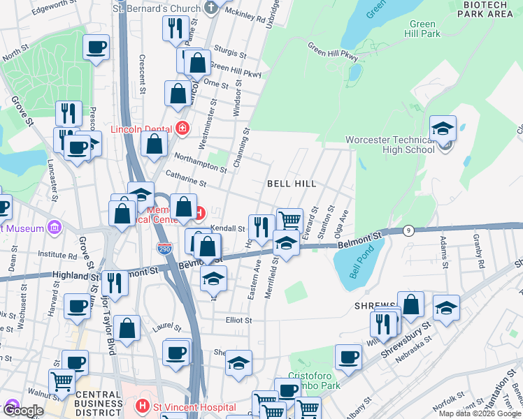 map of restaurants, bars, coffee shops, grocery stores, and more near 31 Hooper Street in Worcester