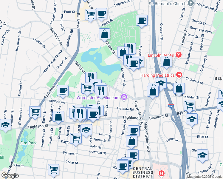 map of restaurants, bars, coffee shops, grocery stores, and more near 85 Salisbury Street in Worcester