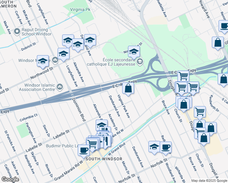 map of restaurants, bars, coffee shops, grocery stores, and more near 2721 Virginia Park Avenue in Windsor