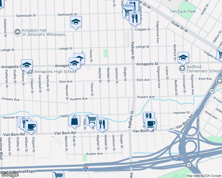 map of restaurants, bars, coffee shops, grocery stores, and more near 4952 Weddel Street in Dearborn Heights