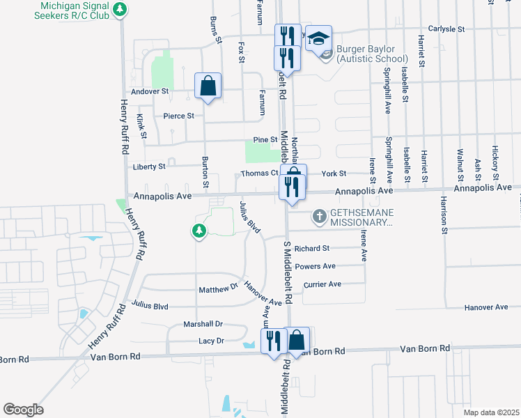 map of restaurants, bars, coffee shops, grocery stores, and more near 4645 Julius Boulevard in Westland