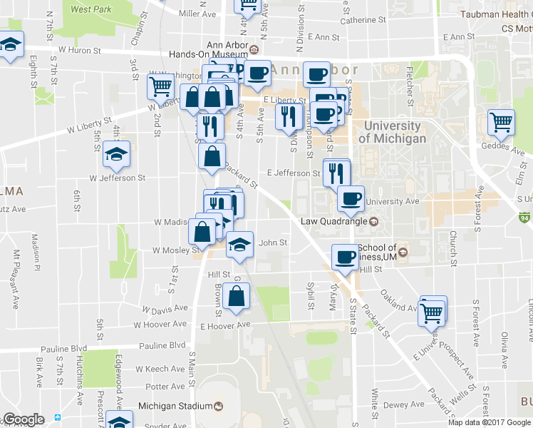 map of restaurants, bars, coffee shops, grocery stores, and more near 554 South 5th Avenue in Ann Arbor