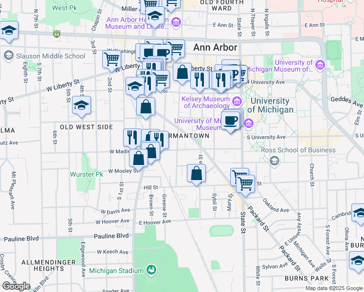 map of restaurants, bars, coffee shops, grocery stores, and more near 554 South 5th Avenue in Ann Arbor
