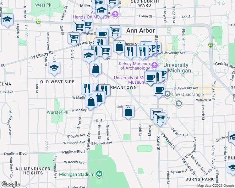 map of restaurants, bars, coffee shops, grocery stores, and more near 554 South 5th Avenue in Ann Arbor