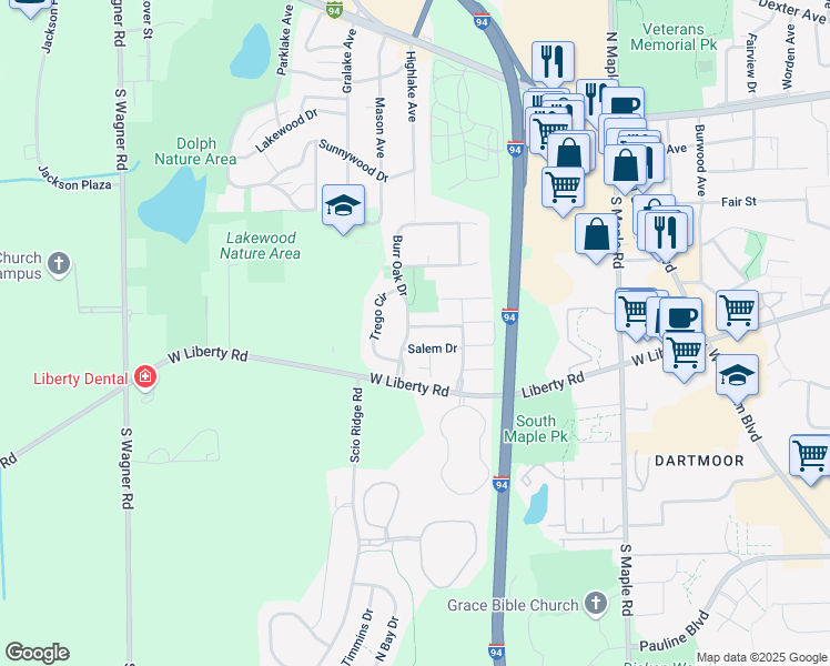 map of restaurants, bars, coffee shops, grocery stores, and more near 648 Burr Oak Drive in Ann Arbor